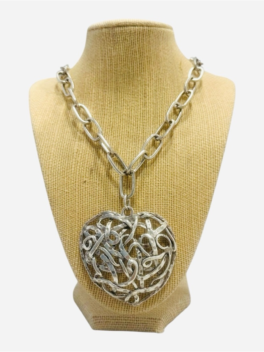 Yochi Silver Openwork Heart Link Necklace